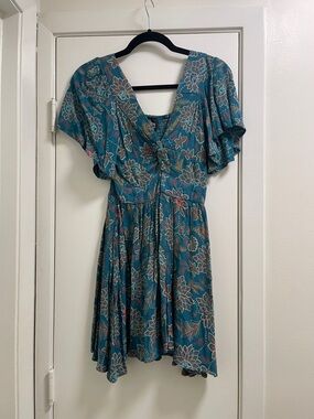 Angie Teal Floral V-Neck Mini Dress